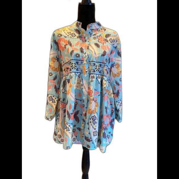 Womens Blouse Plus Size 2XL Top Boho Button Down Hi Low Silky Feel Peasant - Picture 1 of 12